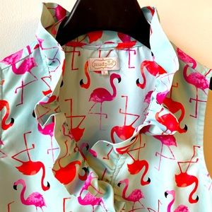 Mud Pie Pink Flamigo Ruffled Neckline Blouse Large